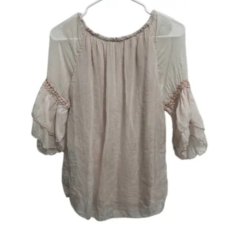 Elena Baldi Italy‎ 100% Silk Peasant Top Crochet Trim Bell Sleeve Blouse Size Lg Tan