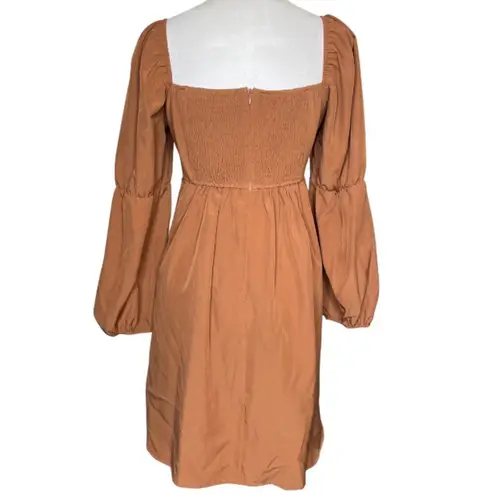 Exlaura Women's Brown Square Neck Puff Sleeve Midi Dress Smocked Back Zip Up XXL