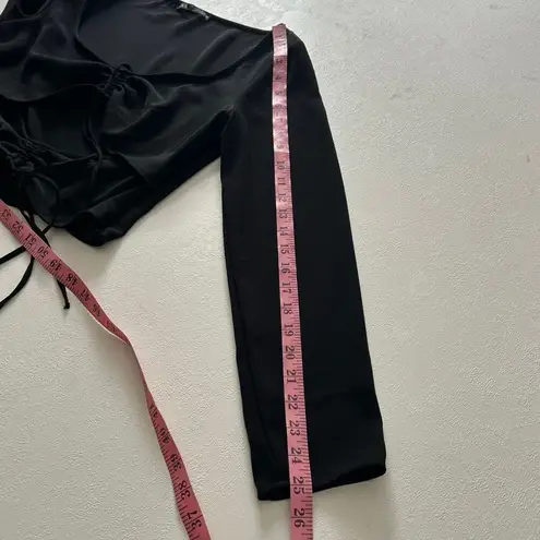 ZARA  Black Ruched Tie-Front Long Sleeve Crop Top | Adjustable Drawstring | Size