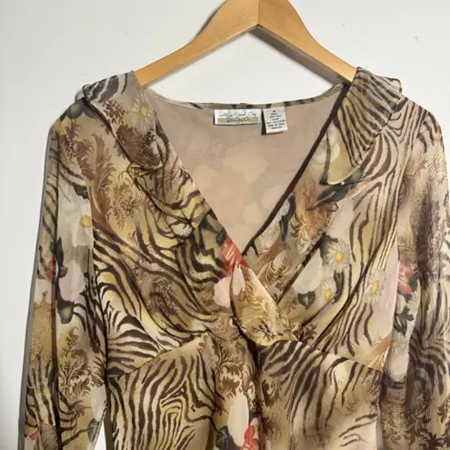 Vintage 90s Y2K Silk Babydoll Top Women M Brown Zebra Floral Bratz Going Out Size M