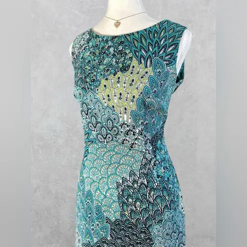 Connected Apparel Peacock Print Sleeveless Sheath Dress Size 10