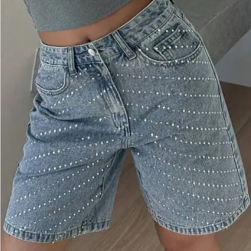 Light Blue Rhinestone Studded casual loose Jean Shorts Size L