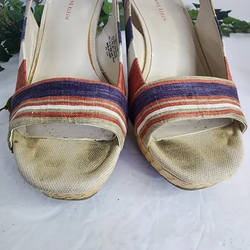 Anne Klein  Fortuna Stripe Fabric Slingback Rattan Wedge Sandals Boho 6M