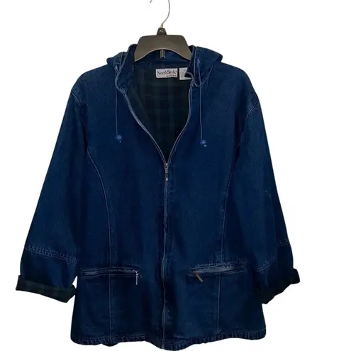 NorthStyle Denim Chore Coat Barn Jacket Green plaid flannel lining Hooded Fall Blue Size L