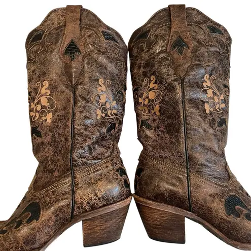 Corral Boots Brown Distressed Lizard Inlay Snip Toe style C2118, Sz 7
