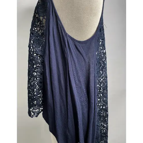 Cozy Casual Tunic Top Shabby Chic Cottagecore Crochet Sleeveless Boho in Navy Medium