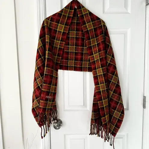 Fendi  Vintage Red Orange Yellow Black Plaid Soft Woven Fringe Long Scarf