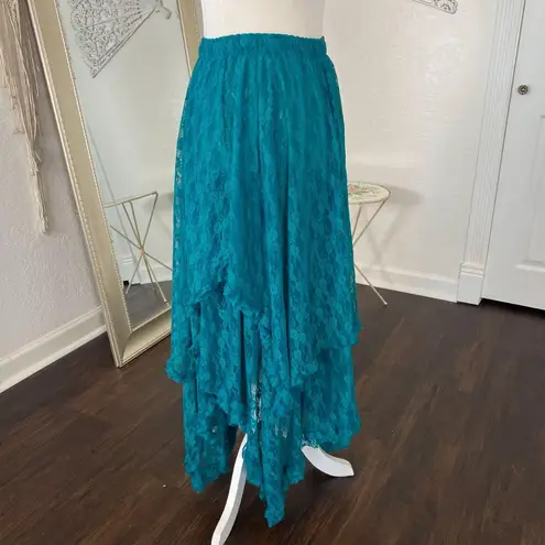 Vivimos Teal Blue Witchy Whimsygoth Sheer Lace Asymmetric Ruffle Midi Skirt S