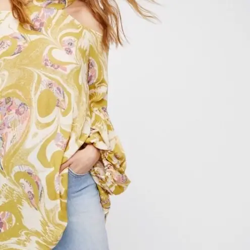 Free People  Gold Drift Away Tunic Dress Oversized Blouse Chartreuse Size XS