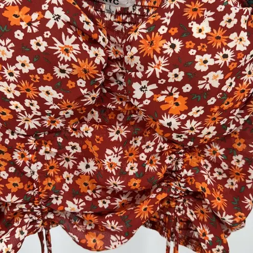 Madden NYC Junior's Shirred floral Print Peasant Top L Puff sleeve smocked Orange Size undefined