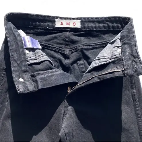 ANTHROPOLOGIE AMO Denim Bella High Rise Flare Jeans Black Oak Distressed Wash Size 26