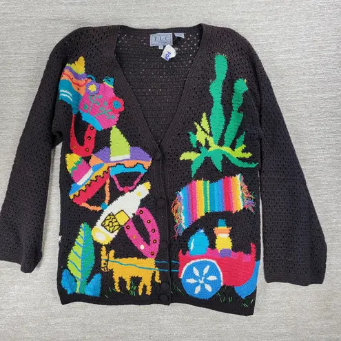 Vintage TLC by Lambert Mexican Fiesta Cardigan Sweater Crochet Knit NWT Size M Black Size M