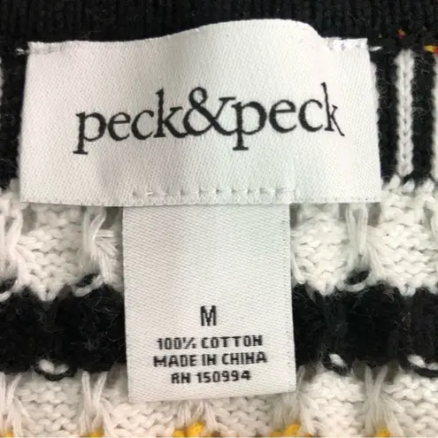 Peck & Peck  Cardigan Sweater Size Medium Black White Gold Striped Cotton knit