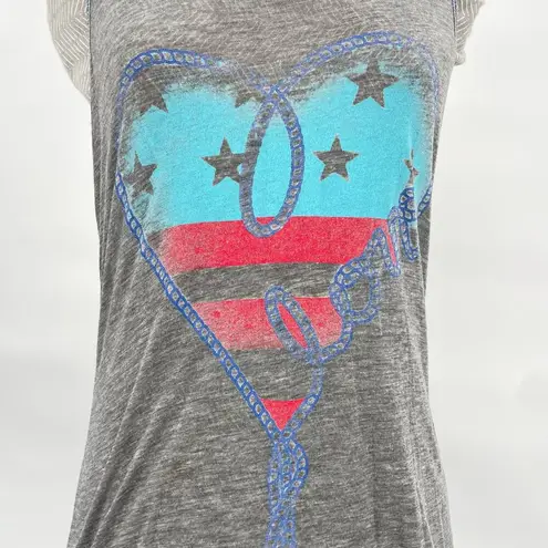 None Gray Cowgirl Tank Top Love Rodeo Sheer Red White Blue Lightweight Racerback XS