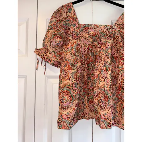 DR2 Floral Print Top Square Neck Puff Sleeve Blouse Bohemian Style Size S Tan