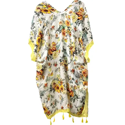 Woven Heart OS Floral Open Robe Fringe Boho Yellow Coverup Beach Summer Resort