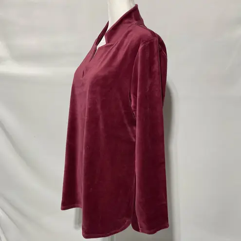 Denim & Co New Velour Notch Neck Long Sleeve Top Dark Burgundy Size Medium