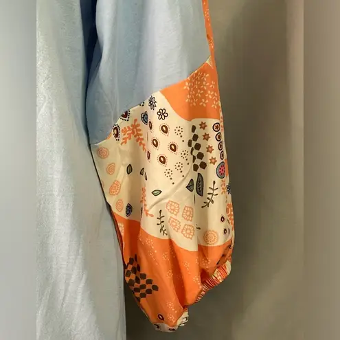 Miss Look Quilt Print 3/4 Sleeve Top Shirt Carolina Blue Cotton Round Neck XL EUC