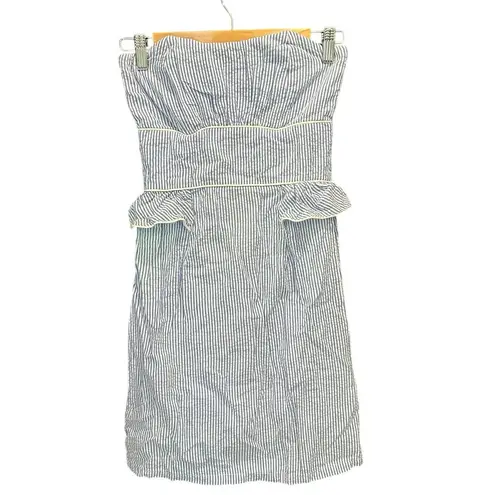 Southern Frock Blue And White Striped Seersucker Strapless Coastal Preppy Dress