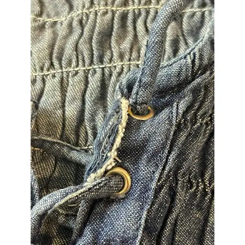 VTG Y2K 90s Blue Crinkle Denim Look Lace Up Shirt 2X Textured Stretch Top 2X