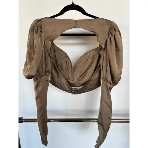 Mistress Rocks Tie Not Olive Silky Backless Corset Rave Puff Sleeve Blouse Small Brown