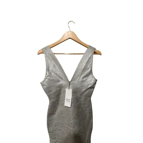 Herve Leger Metallic Deep V Neck Bandage Dress Size XXS Silver