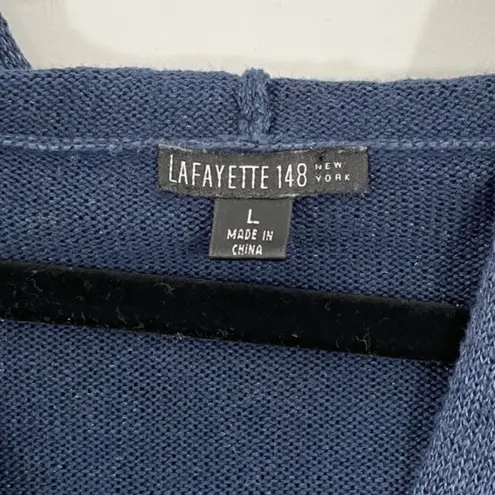 Lafayette 148 New York Navy Blue Linen Blend Hooded Wrap Sweater Size Large