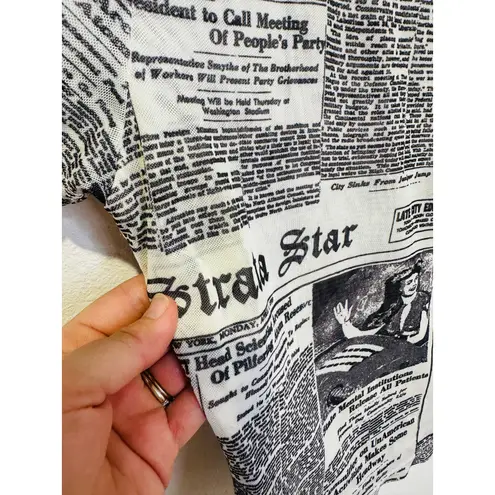 RONNY KOBO Women's Black White Mesh Newspaper Graphic Zanzabar Top Size Large