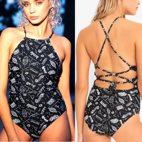 Harry Potter Spells Swimsuit Womens S Black White Spell Words Graphic Back Strap