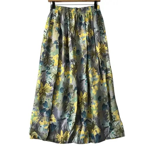 Sag Harbor Floral Print Midi Skirt Womens Small Rayon Blend Green Yellow