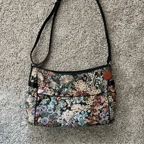 SAS Floral Shoulder Bag Purse Canvas Leather Zip USA Multi Color Tapestry Bag