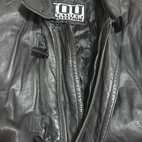 Vtg IOU leather toggle zipper black leather jacket size 6 bikercore fall mobwife