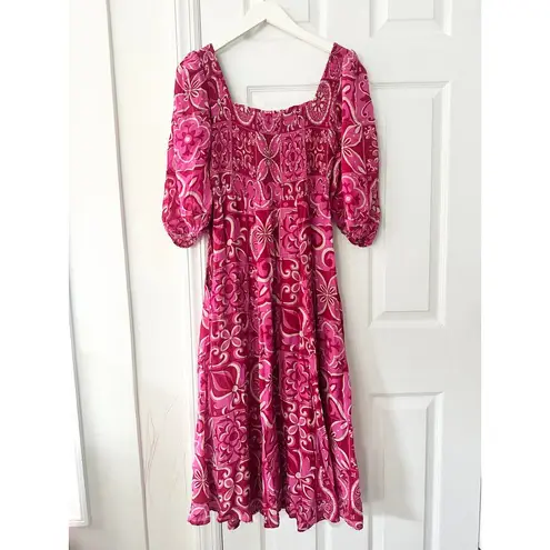 Olivia James The Label Pink Bridget Midi Smocked Puff Sleeve Dress Tile Boho XS