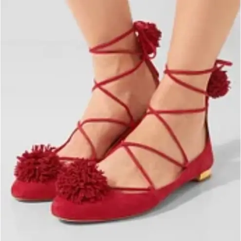 Aquazzura Firenze Red Suede Pom Pom Lace Up Pointed Toe Ballet Flats Size 9