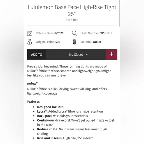 Lululemon NWT  Base Pace High Rise Tights Leggings 25” Dark Red Size 10 - Image 6