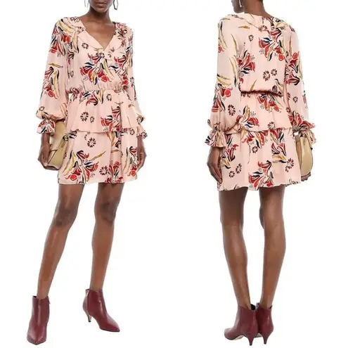 Joie  Nour Floral Ruffle V Neck Long Sleeves Pink Silk Mini Dress Size XS