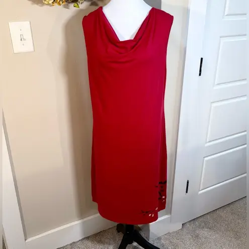 ACACIA Drape Front Bamboo Blend Asian Print Tee Shirt Swim Cover Dress ~Medium Red