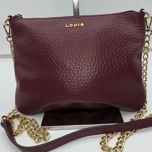 Lodis Burgundy Pebble Leather Crossbody Bag Gold Chain Strap Zip Top Purple