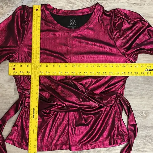 New York And Company Hot Pink Shimmery 3/4 Sleeve Wrap Blouse Size Medium