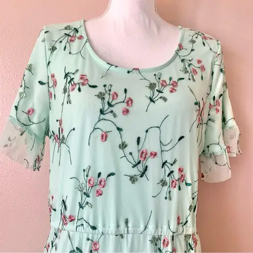 SweetSalt Mint Green & Pink Embroidered Floral Tulle/Mesh Dress. Size L