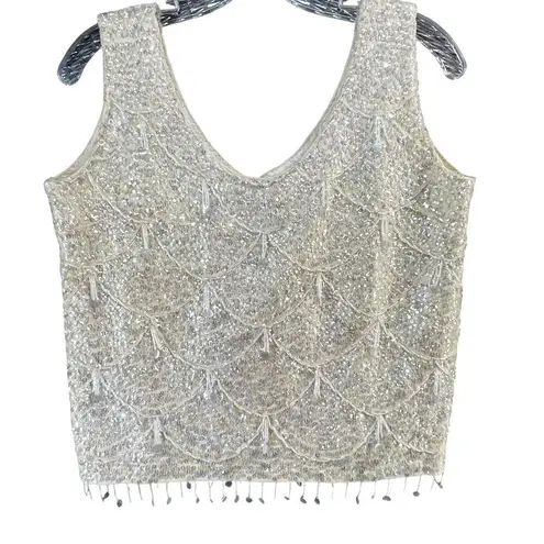 Vintage 60s Beaded Tank Top M Cream Sequin Iridescent Fringe Mod Party Elegant Size M
