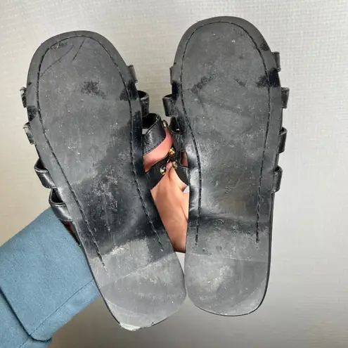 Ioannis Black Leather Gladiator Sandals Studded Wood Beads Slide