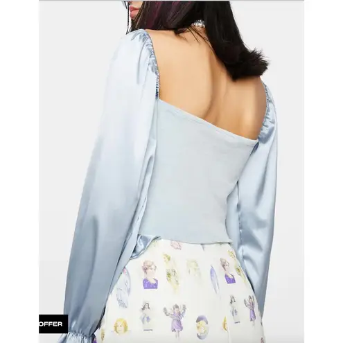 Zemeta Top Womens Small Blue Float Satin Ruffle Hem Crop Blouse Dolls Kill Blue