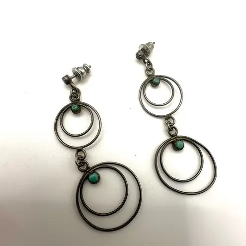 Sterling silver and turquoise double circle long drop earrings