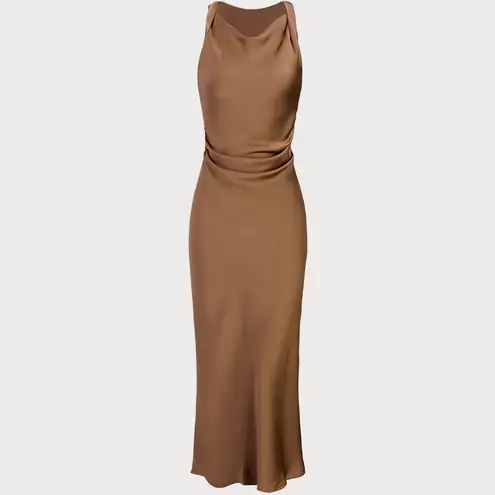 Rihoas Coffee Satin Boat Neck Slip Midi Dress Brown Size 6