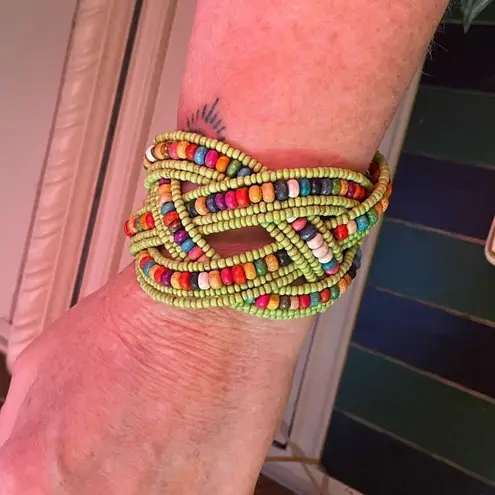 Multi Color Glass Bead & Wooden Beaded Cuff Bracelet
Adjustable