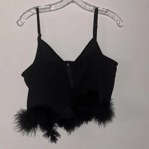 Black Spaghetti Strap Crop Top Boa Fur Trim Holiday Party Club Festival Size M