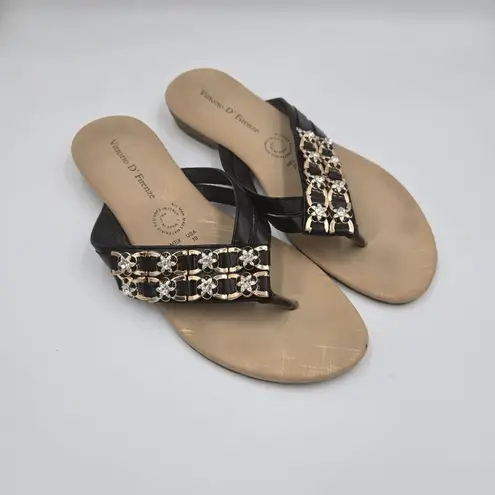 Vittorio D' Firenze Black Beaded Sandals Size 10 Flip Flops Gold Accents Thongs