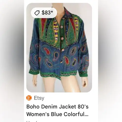 Vintage Wearable Art Colorful Embroidered Denim & Silk Jacket Abstract Art Size XL