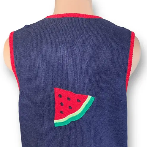 Vintage 90s Picnic BBQ Knit Sweater Vest Embroidered Patriotic Red White Blue Size L
